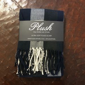 Plush apparel, navy, white, charcoal scarf